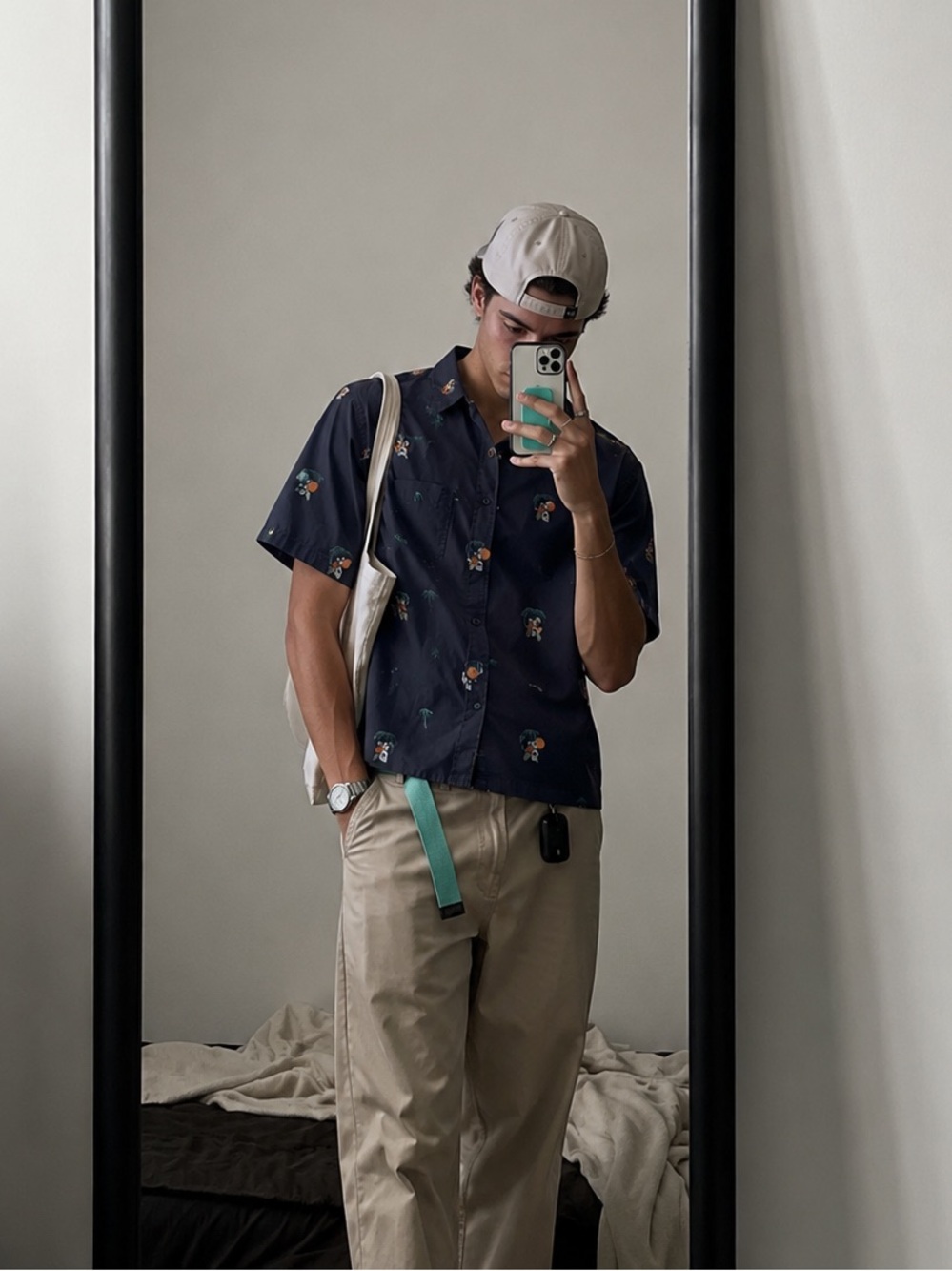 VISSLA Navy Short-Sleeve Button-Down Shirt with Tropical Motif